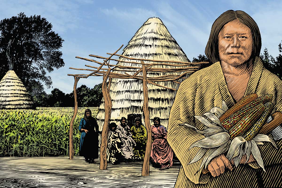 Colored woodcut illustration of Caddo holding corn in the foreground with grass houses and other tribe members in background