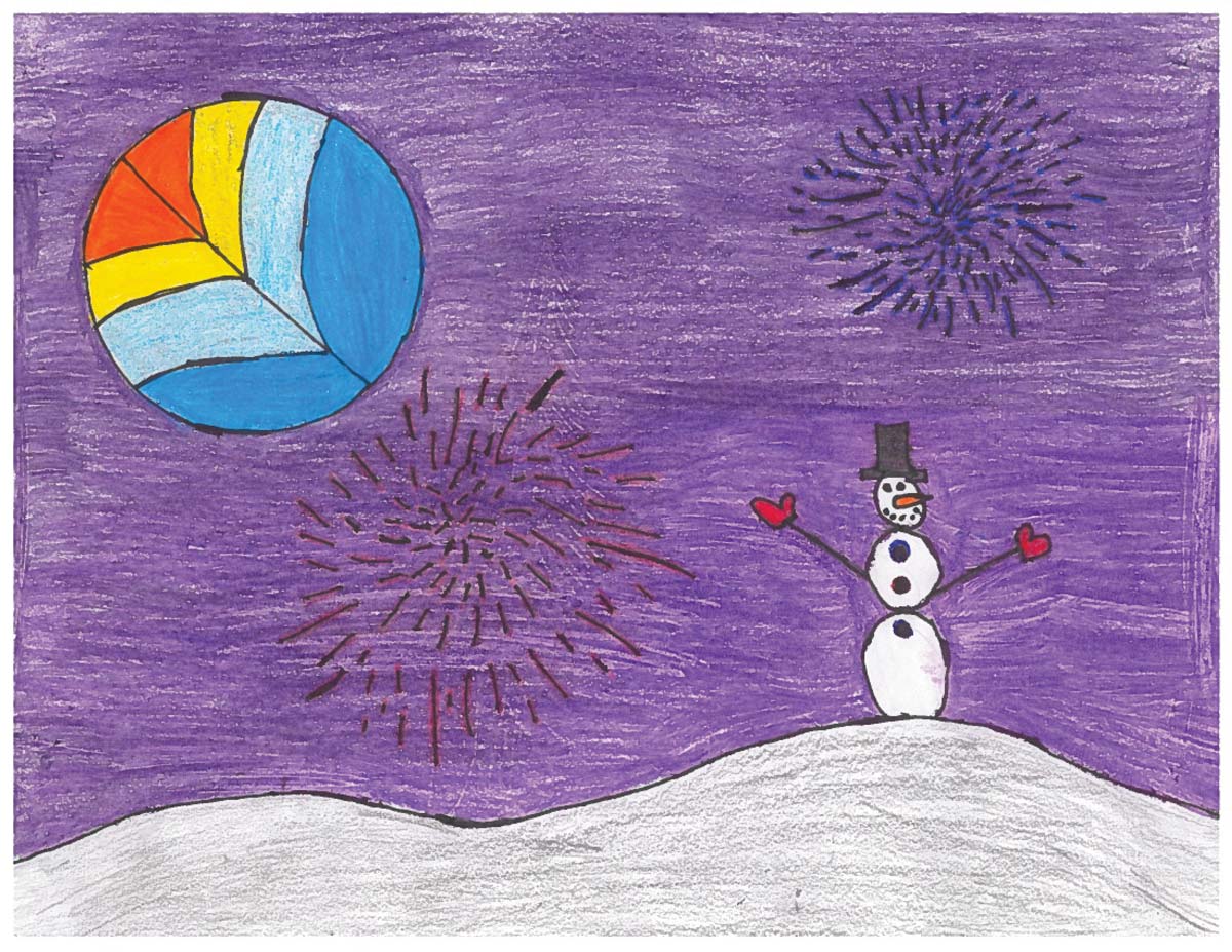 child's crayon drawing of snowman, fireworks and MidSouth logo