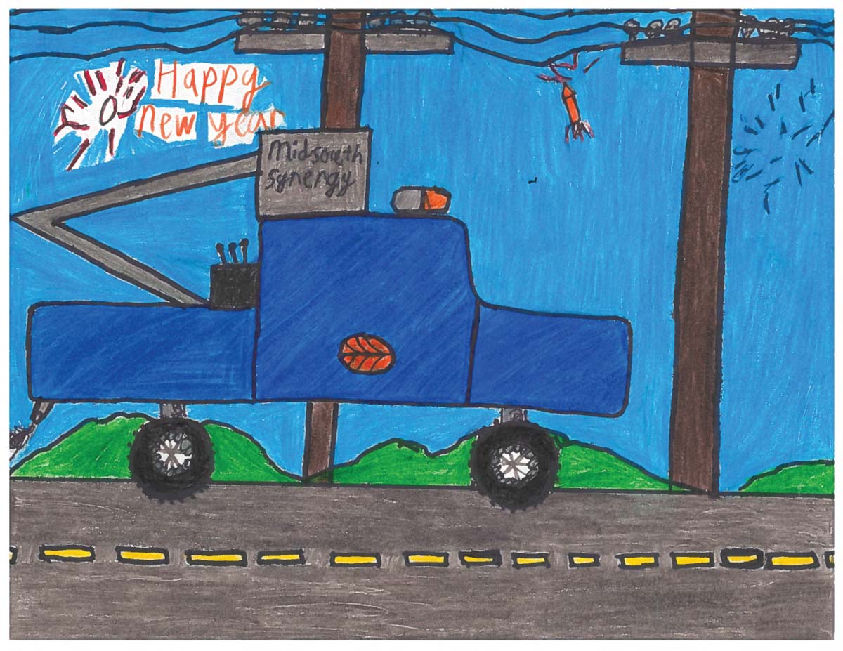 child's crayon drawing of MidSouth bucket truck and power lines