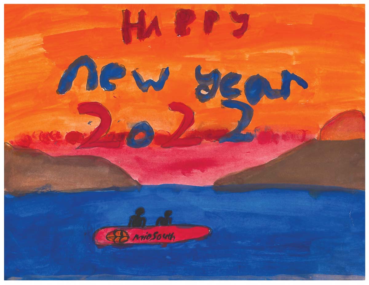 child's crayon drawing of people in a boat on a lake at sundown with Happy New Year in the sky