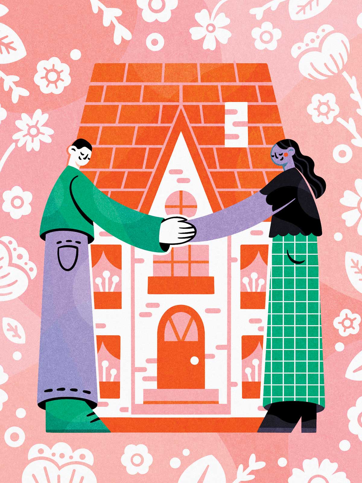whimsical folk art illustration of man and woman in front of house