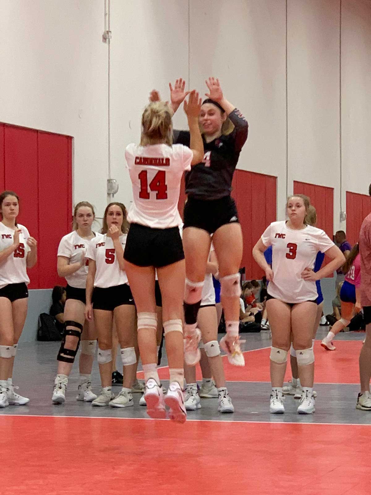 two volleyball team girls jumping and giving high fives