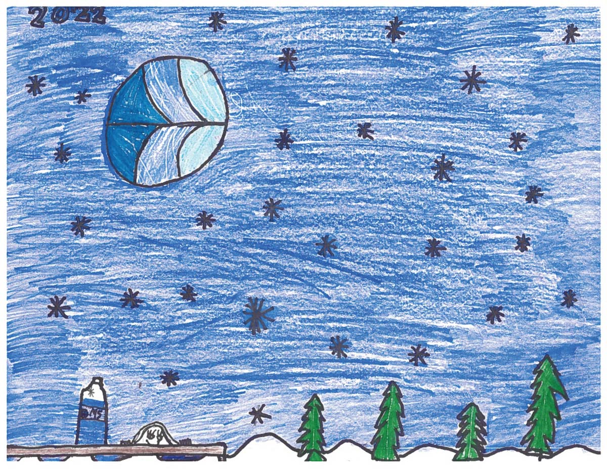 child's crayon drawing of snow, pine trees and starry sky with MidSouth logo