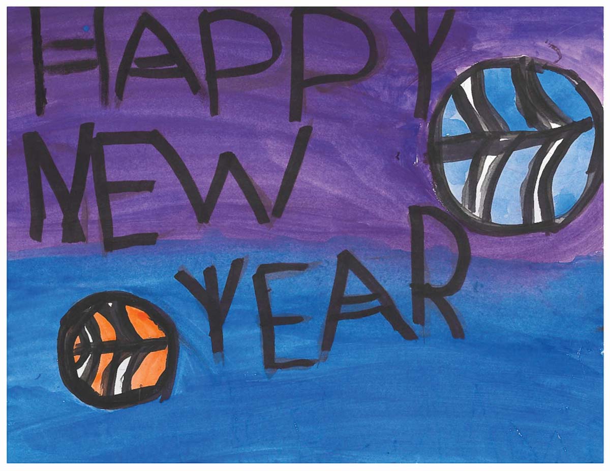 child's colorful blue and purple crayon drawing with Happy New Year and MidSouth logos
