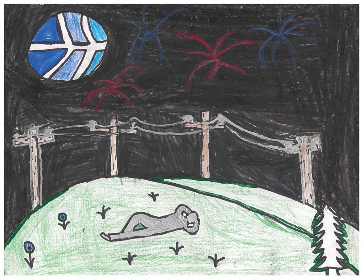 child's crayon drawing of man laying on green hill, power lines, night sky, fireworks and MidSouth logo as the moon