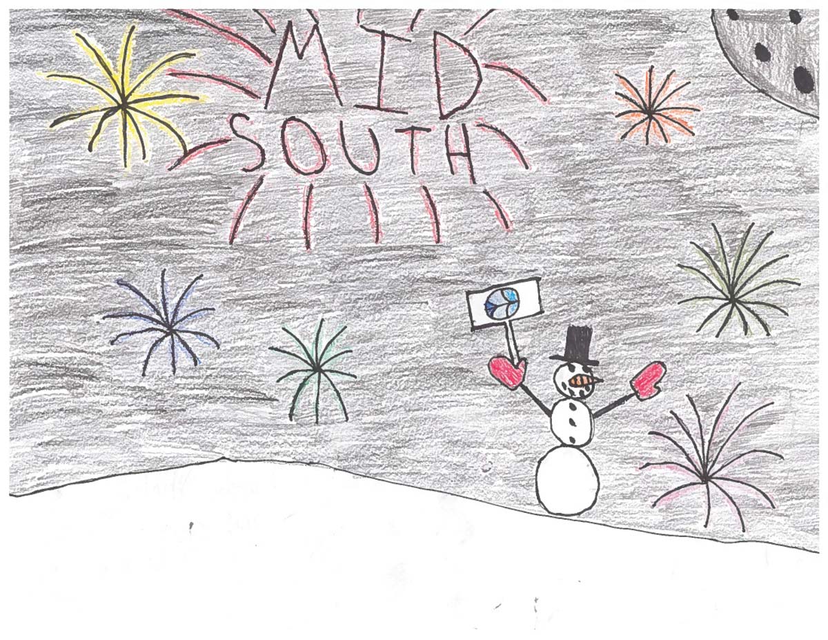 child's crayon drawing of snowy ground, fireworks and snowman holding MidSouth logo