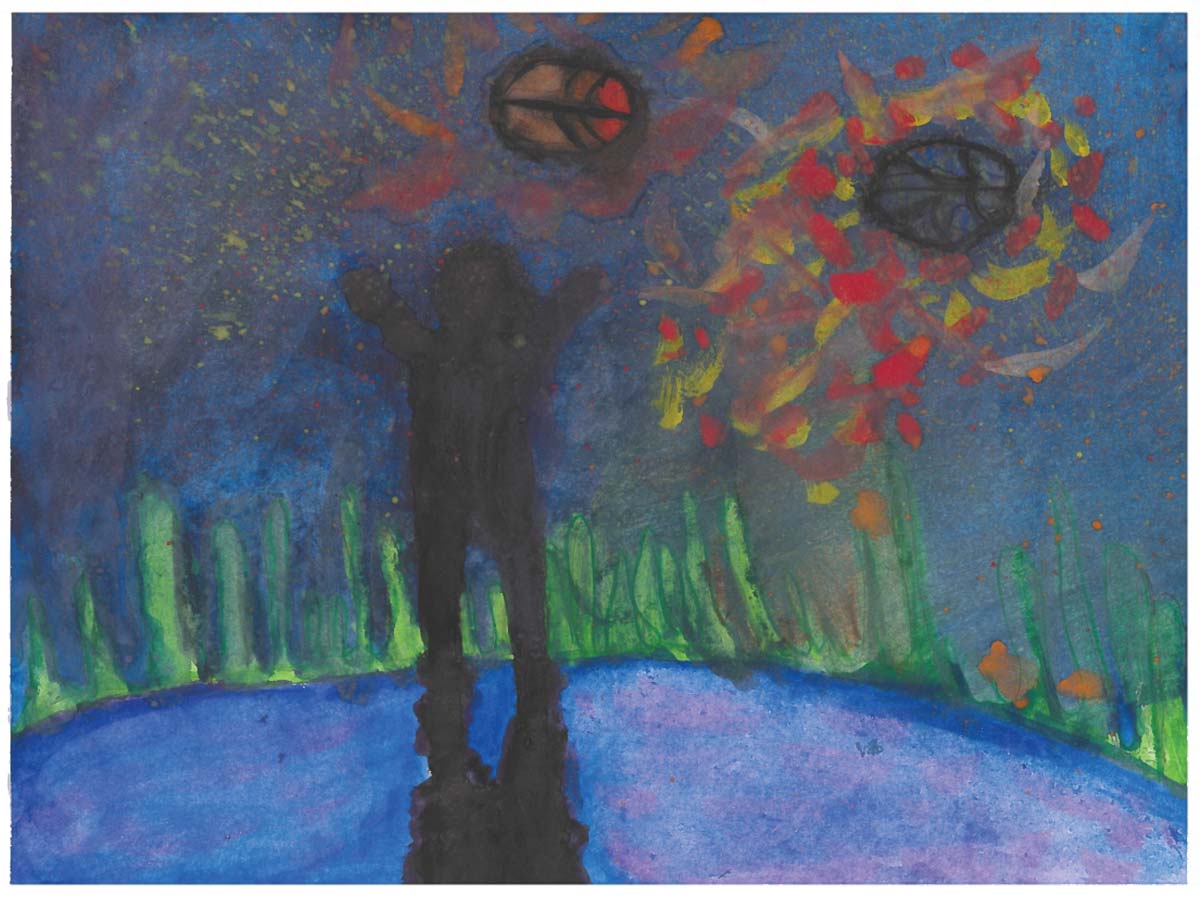 child's crayon drawing of person silhouetted against night sky with fireworks and MidSouth logo