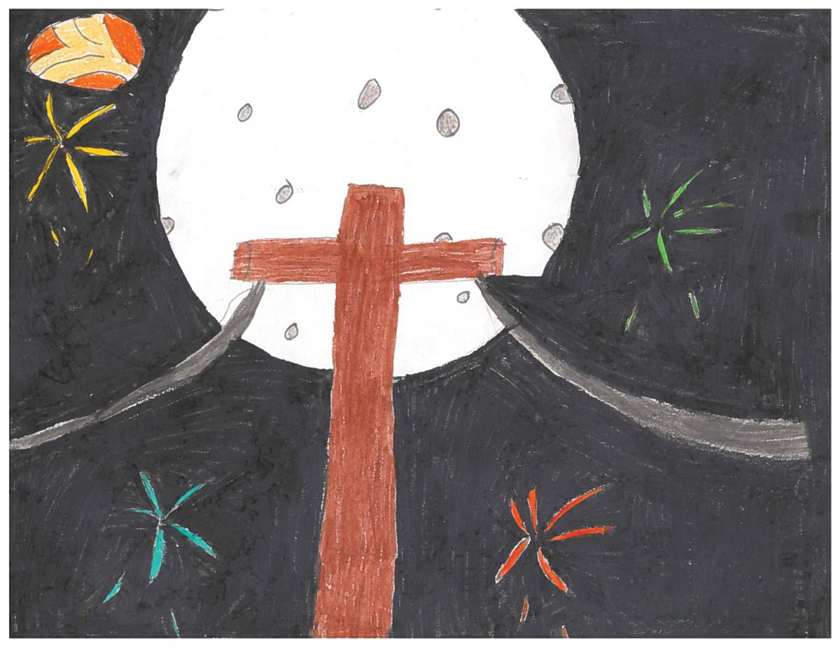 child's crayon drawing of power pole and lines silhouetted against night sky with fireworks and MidSouth logo