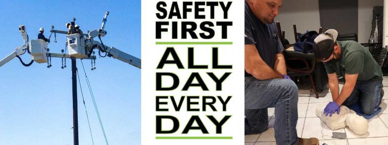 Graphic: Safety First All Day, Every Day, with linemen and training scenes