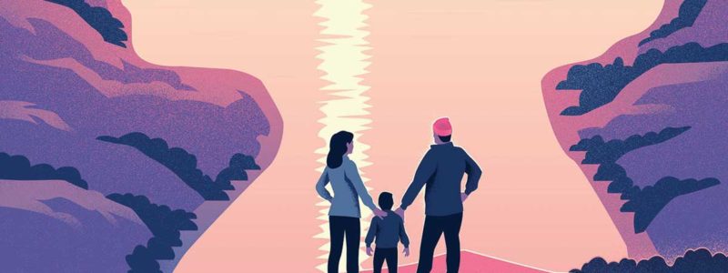Sunset-colored illustration of family in nature, looking at lake in shape of woman's profile