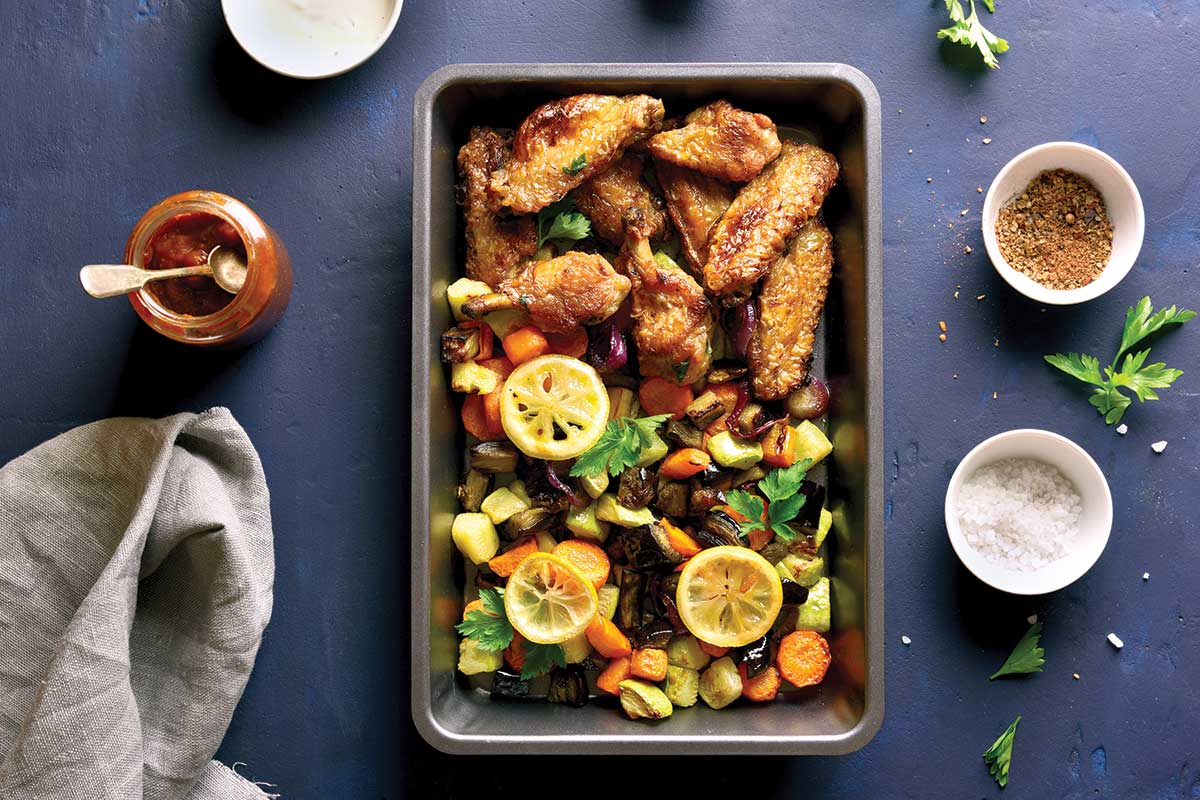 A sheet-pan meal of chicken and veggies