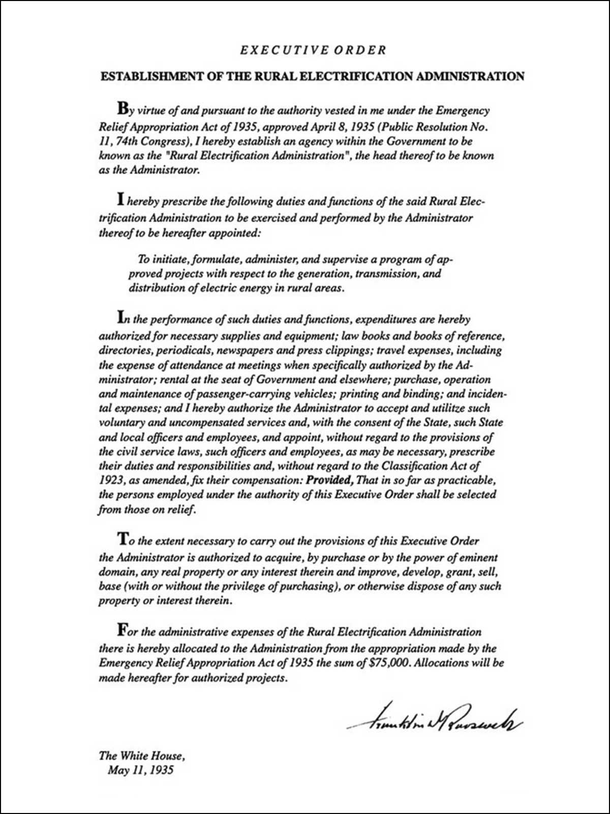 A copy of the executive order establishing the Rural Electrification Administration