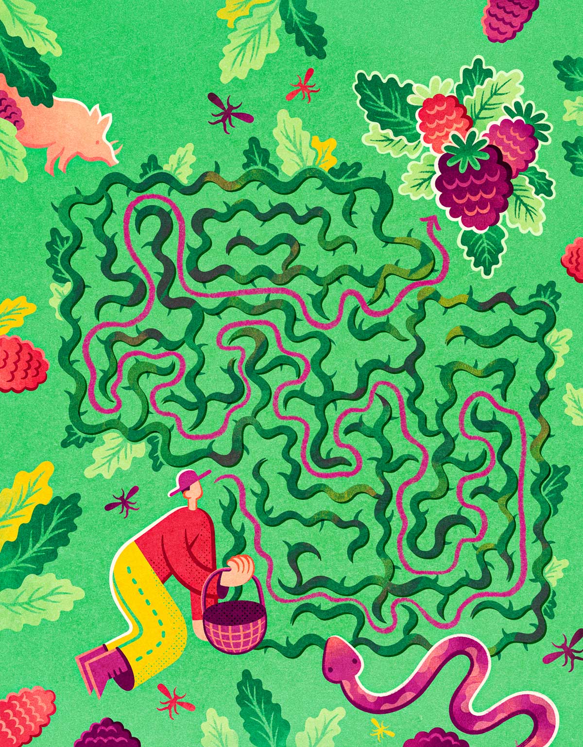 Colorful folk art style illustration with woman facing thorny vines that form a maze