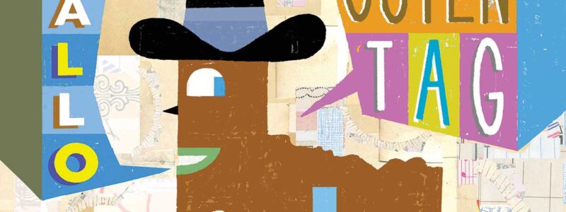 Fun folk art illustration of Texas in cowboy hat, holding beer, speaking German