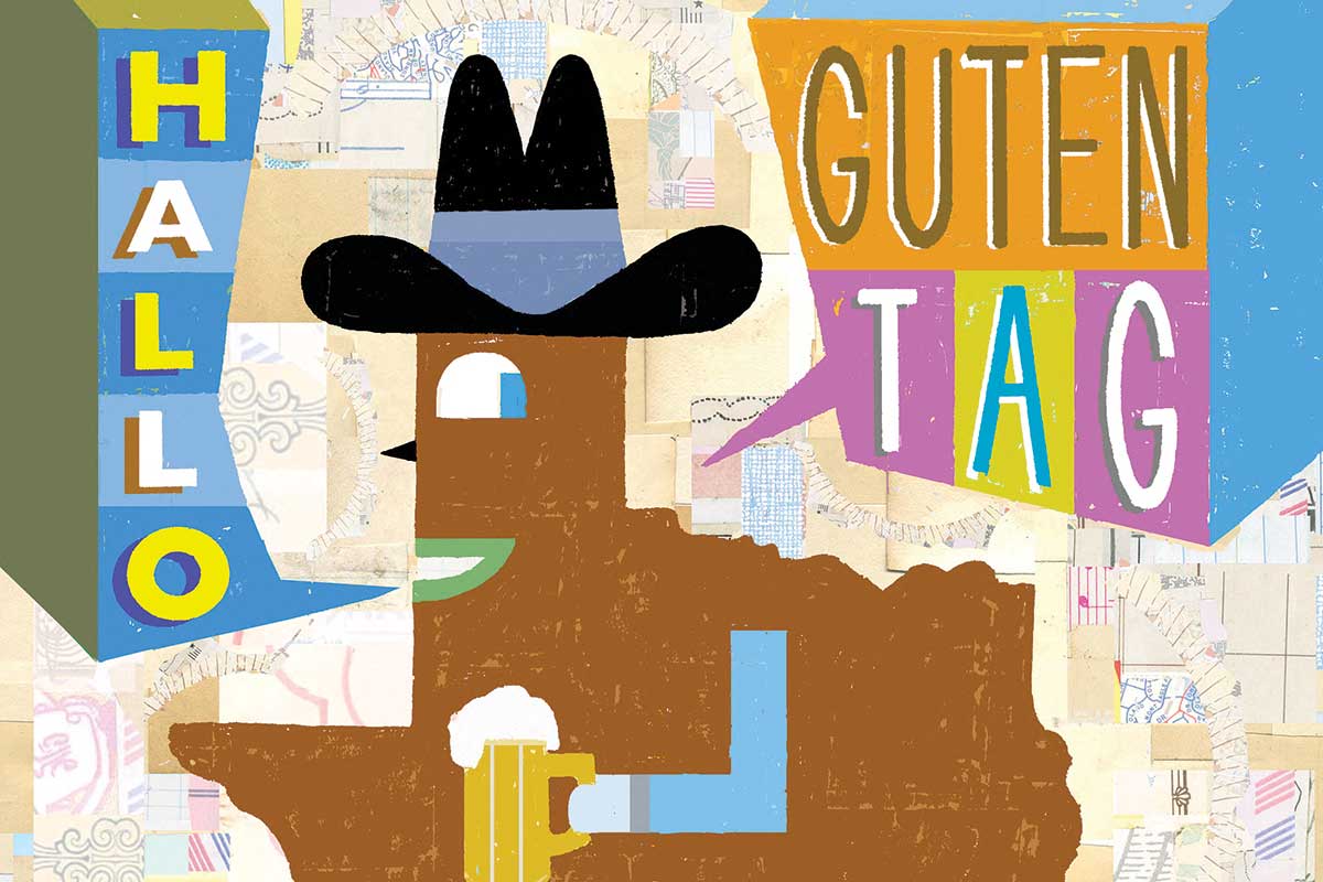 Fun folk art illustration of Texas in cowboy hat, holding beer, speaking German