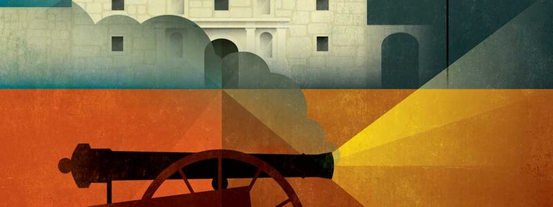 colorful illustration of Alamo and cannon