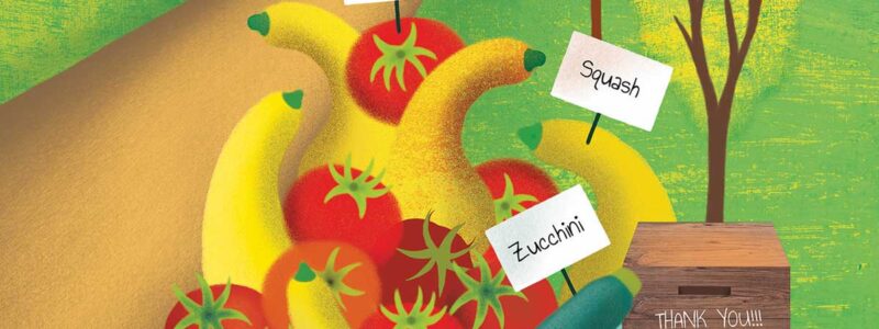 colorful folk art illustration of vegetables beside the road