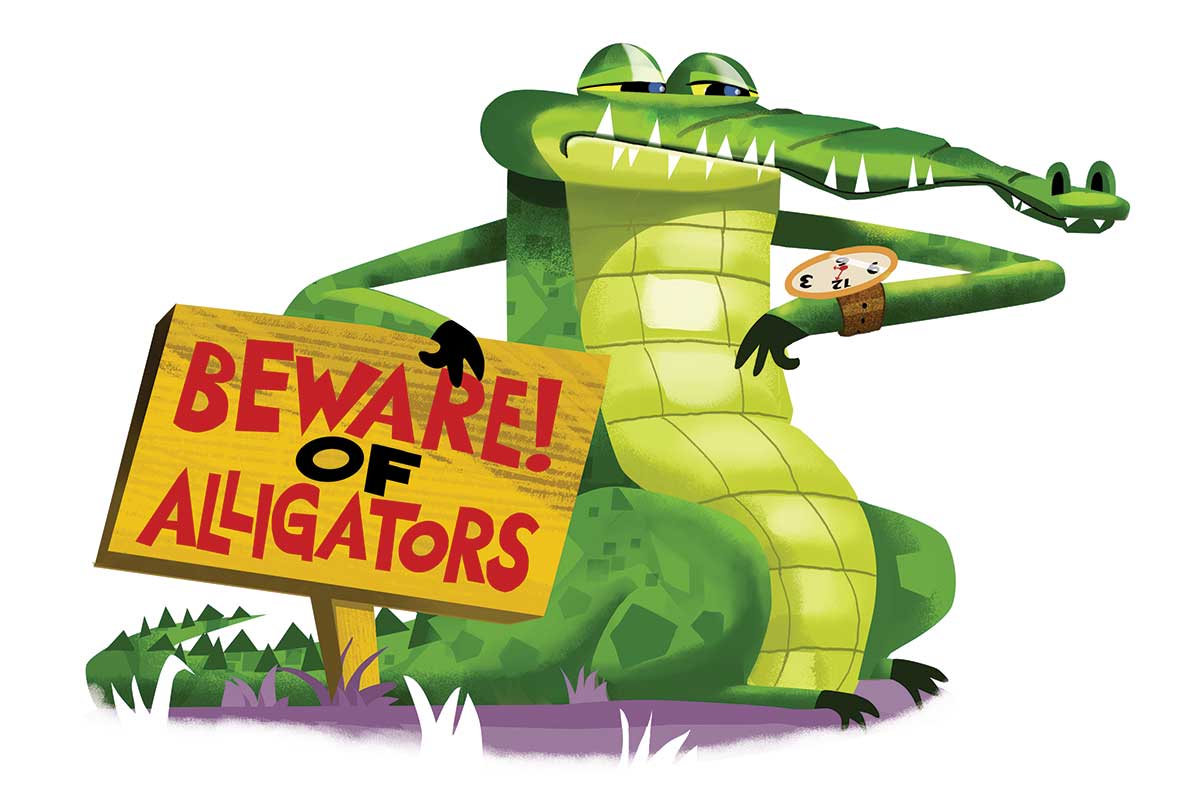 Fun modern illustration of cartoon alligator with Beware of Alligators sign