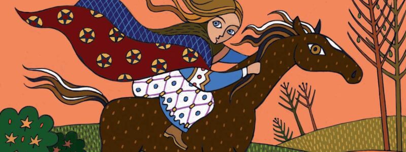 colorful 60s pop-art illustration of a girl riding a swiftly-galloping horse across the countryside