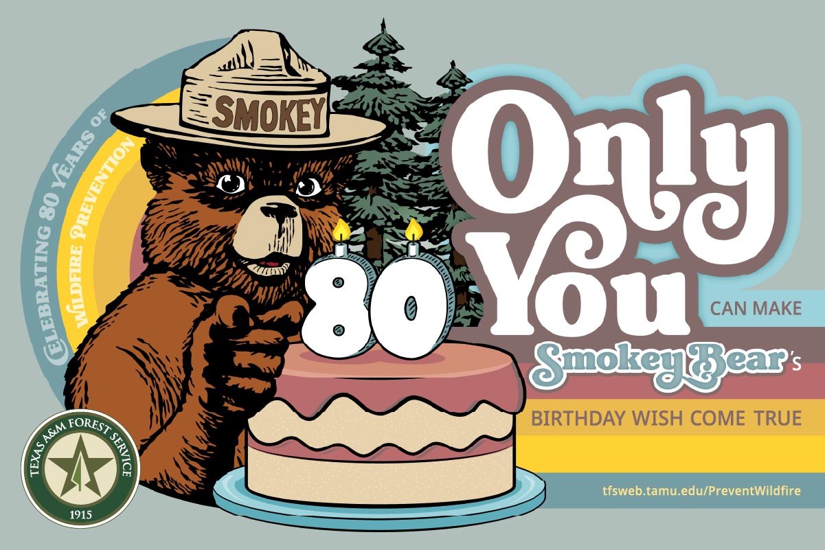 Retro graphic of Smokey Bear with his 80th birthday cake