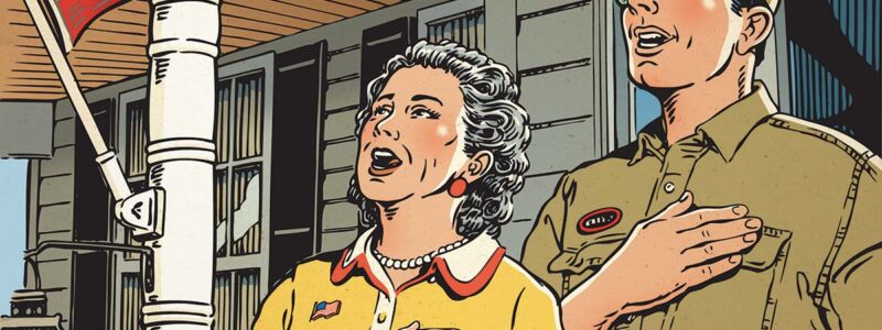 colorful illustration of a man and woman saying the Pledge of Allegiance on the front porch