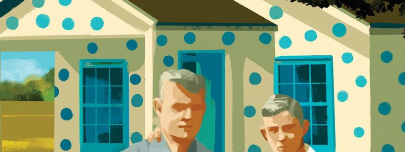 Two men stand in front of a polka dotted house
