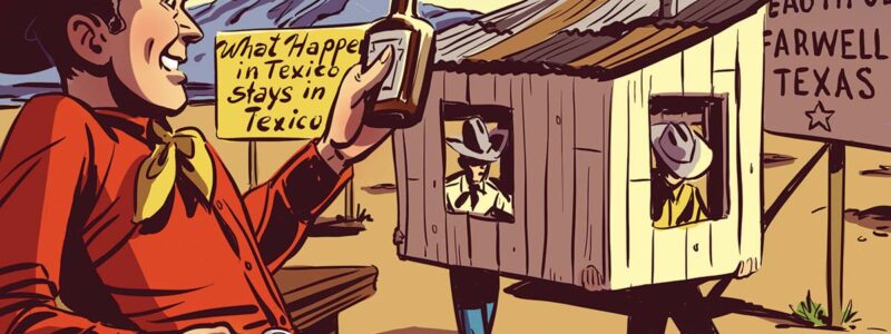 Cowboy straddles the New Mexico/Texas border while two men carry a small shack across the border to the Texas side.