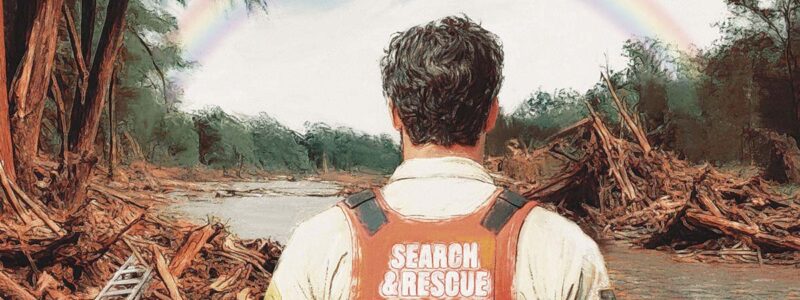 Search and rescue worker holds a shovel and hardhat while standing in debris with a rainbow in the sky overhead.