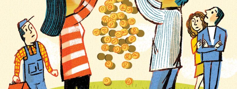 Colorful drawing of couple shaking coins out of a doll house