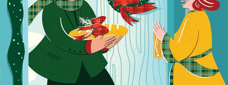 Colorful illustration of a man stepping inside of a woman's home while carrying a loaf of bread