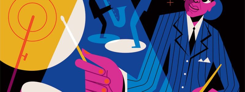 colorful illustration of Jazz musician Boots Douglas at the drums