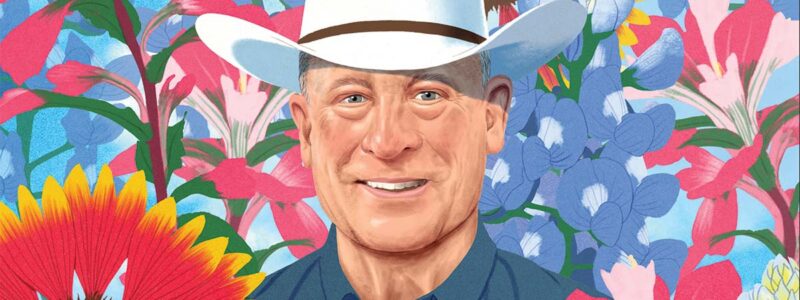 Colorful illustration with bust of John R. Thomas among Texas wildflower blooms