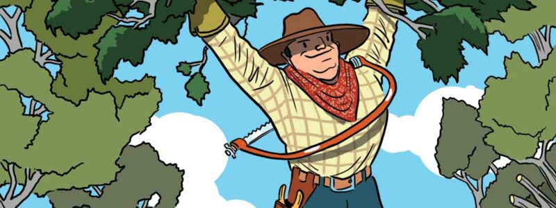 Fun illustration of man triumphantly hoisting cleared brush