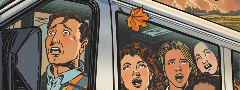 Retro illustration closeup of van driver and anxious girls looking out the window at stormy weather