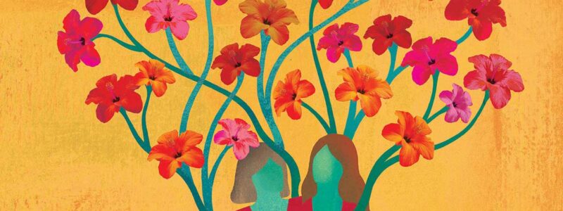 Colorful illustration of two women under a heart-shaped tree