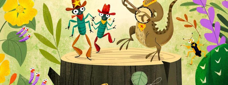 colorful illustration of happy bugs and animals performing with musical instruments