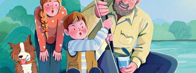 illustration of a grandpa fishing with a boy and girl and their dog
