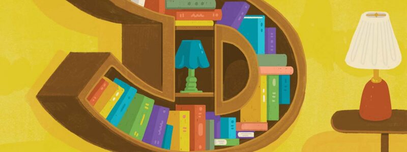 Illustration of a cat on a bookcase shaped like a dollar sign as a child plays with toy trains on the floor.