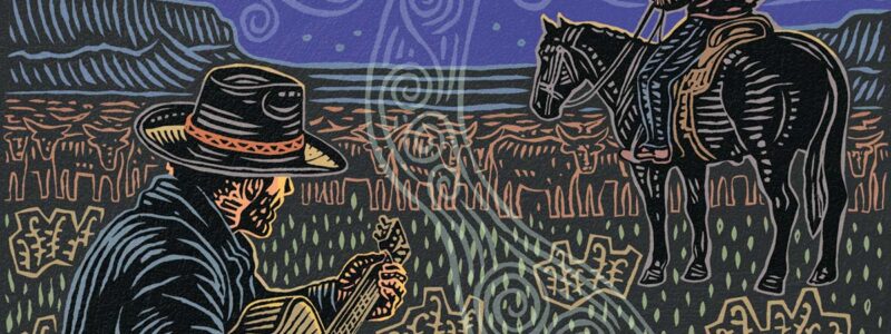 colorful illustration of cowboys near a campfire underneath the stars