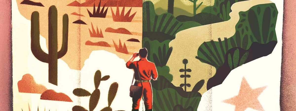 Illustration of a man standing in rolling hills looking with binoculars at a large folded map of Texas.