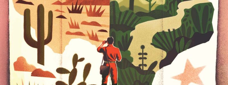 Illustration of a man standing in rolling hills looking with binoculars at a large folded map of Texas.