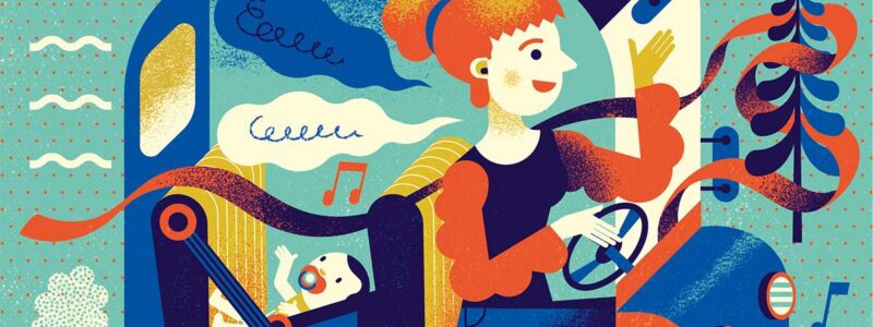 Illustration of a commuter talking to her baby in a car on rural roads.