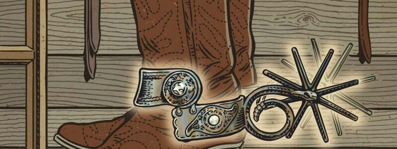 Illustration of large spurs on a pair of cowboy boots